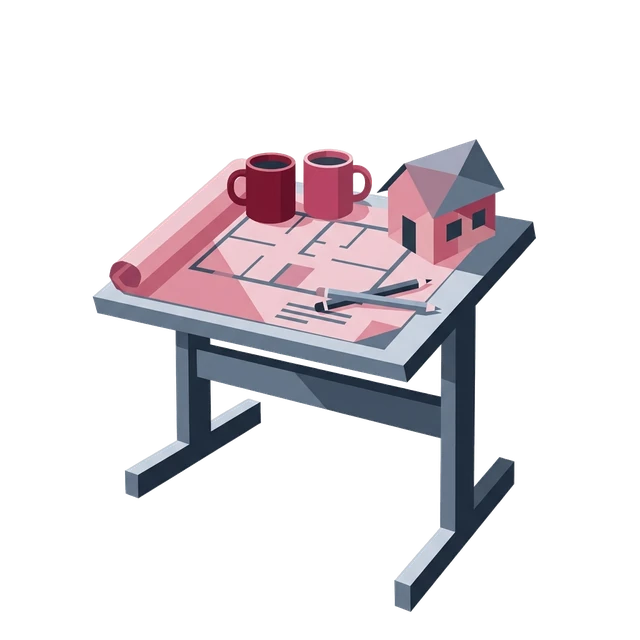House plans on a table with two coffee mugs and a model house.