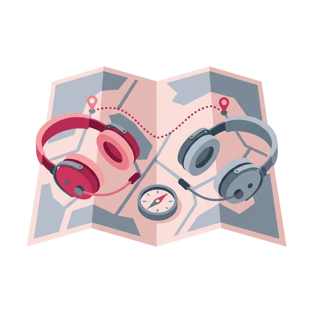 Two headsets side by side on a map, with a compass between them.