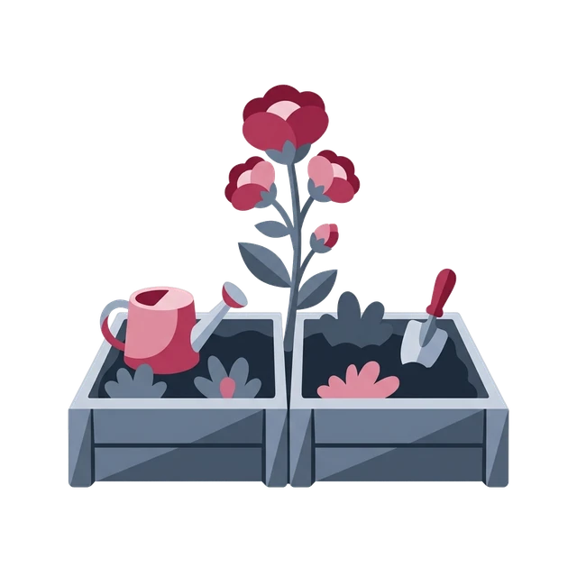 Two garden beds side by side with one tall flower between them.