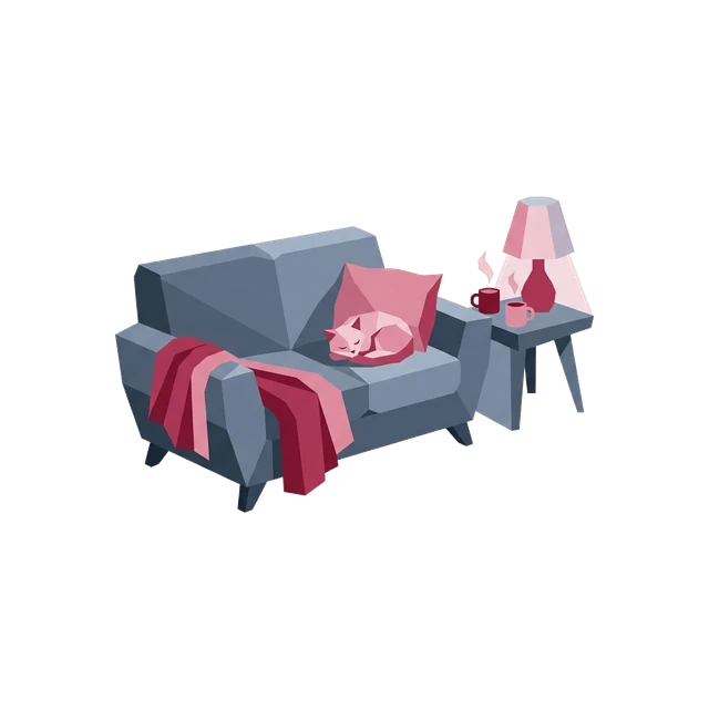 A cosy sofa with a blanket, two mugs of tea and a sleeping cat.