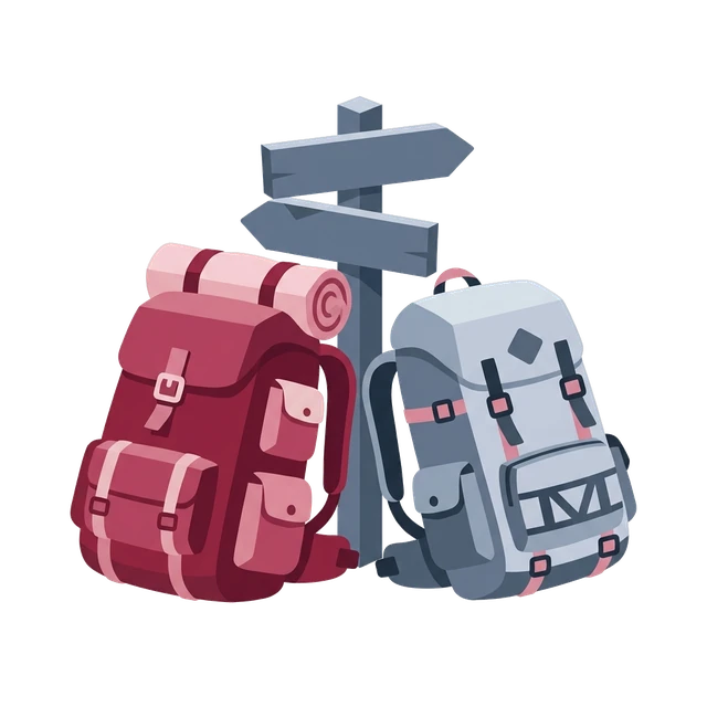 Two backpacks resting against a signpost.
